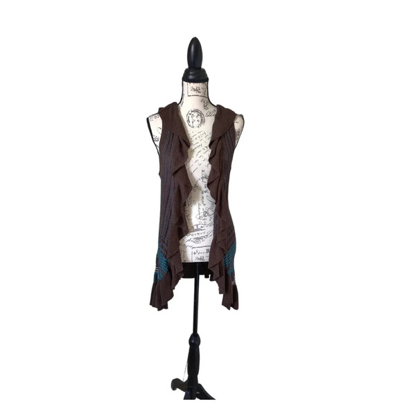 Zac & Rachel Open Front Sleeveless Cardigan Waterfall Ruffle Teal Chocolate S - Picture 2 of 8